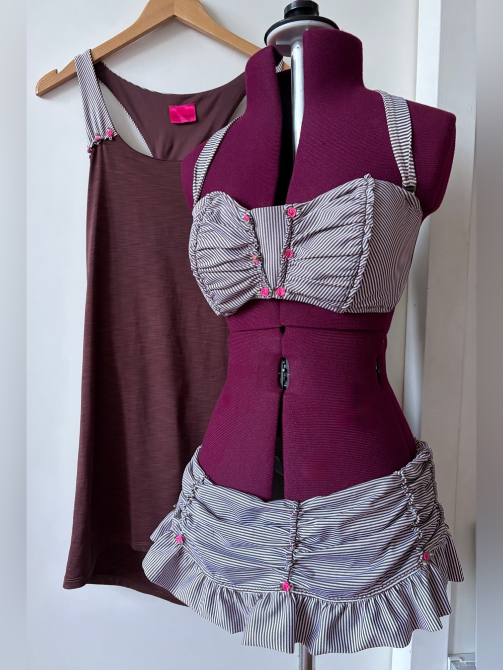 Vintage 3pc Betsey Johnson Swim Skirted Bikini and Dress Brown White Stripe Rose